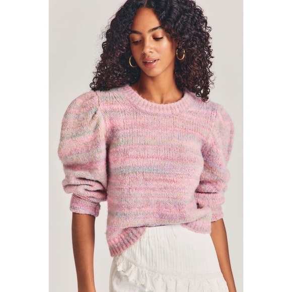 LoveShackFancy Sweater Aquarius Pullover Puffed Shoulders Pink Cloud XL EUC - Picture 7 of 8